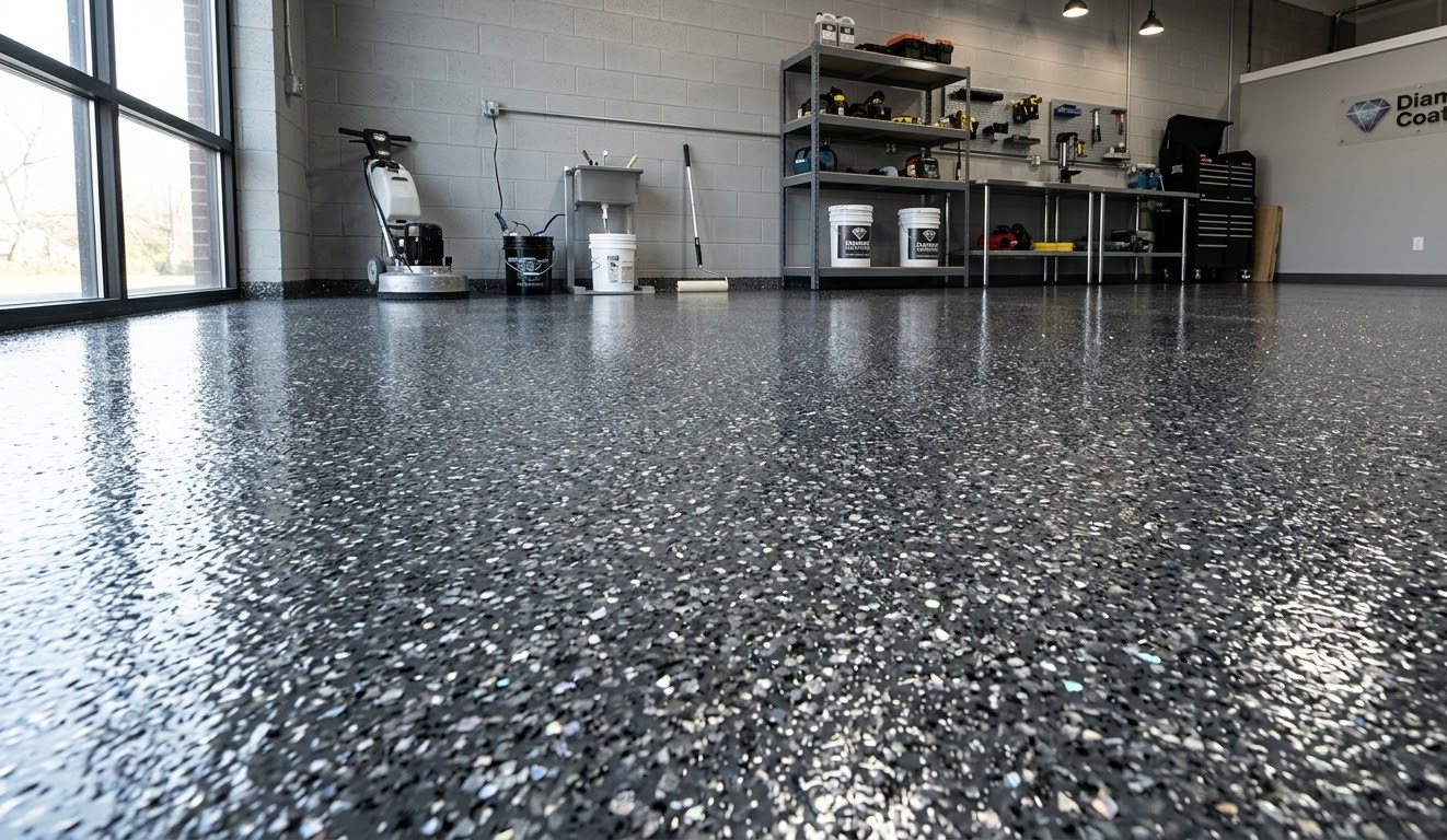 Flake epoxy garage floor — most popular style in Burlington MA